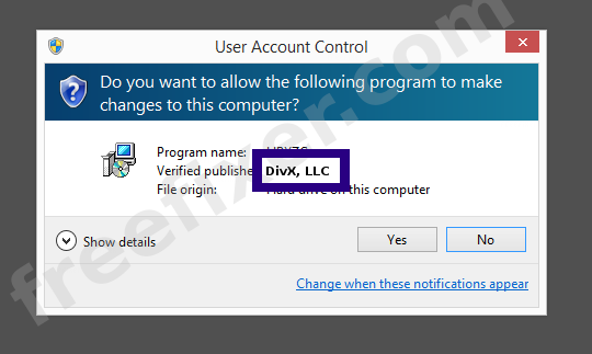 Screenshot where DivX, LLC appears as the verified publisher in the UAC dialog